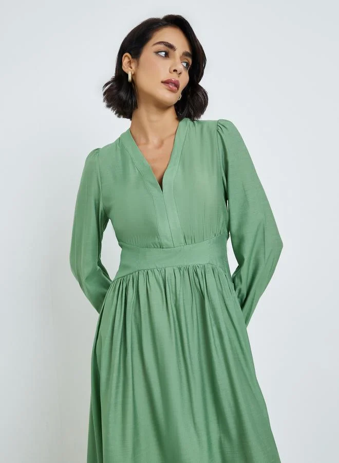 ستايلي فستان ميدي نسائي بأكمام منفوخة وحافة واسعة